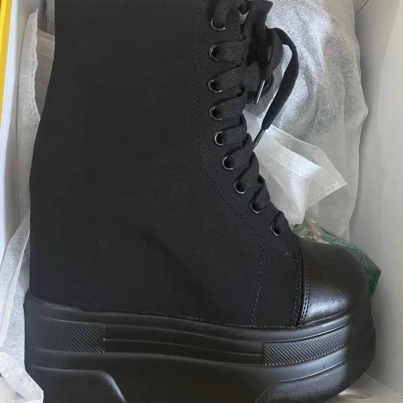 Fujin 14cm 2023 Denim Women Ankle Boots Platform Wedge Autumn Fashion Zip Super Hight Heel Women Fashion Lace Up Spring Shoes