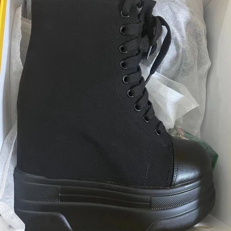 Fujin 14cm 2023 Denim Women Ankle Boots Platform Wedge Autumn Fashion Zip Super Hight Heel Women Fashion Lace Up Spring Shoes