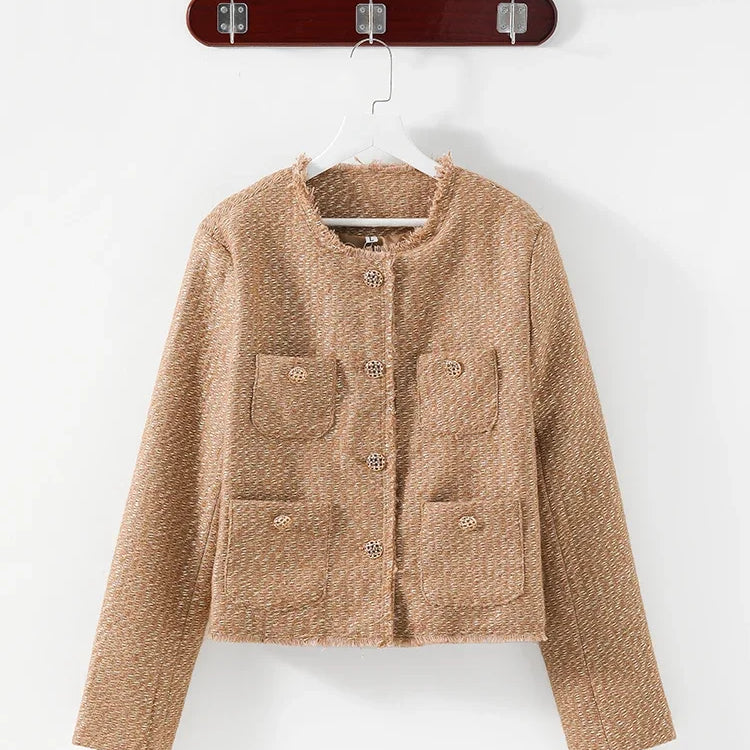 Short Tweed Coat Women Autumn Fashion Elegant O-neck Long Sleeve Botton Frayed Pockets Jackets Female Outwear Office Lady Coats brown