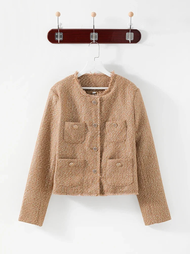 Short Tweed Coat Women Autumn Fashion Elegant O-neck Long Sleeve Botton Frayed Pockets Jackets Female Outwear Office Lady Coats brown