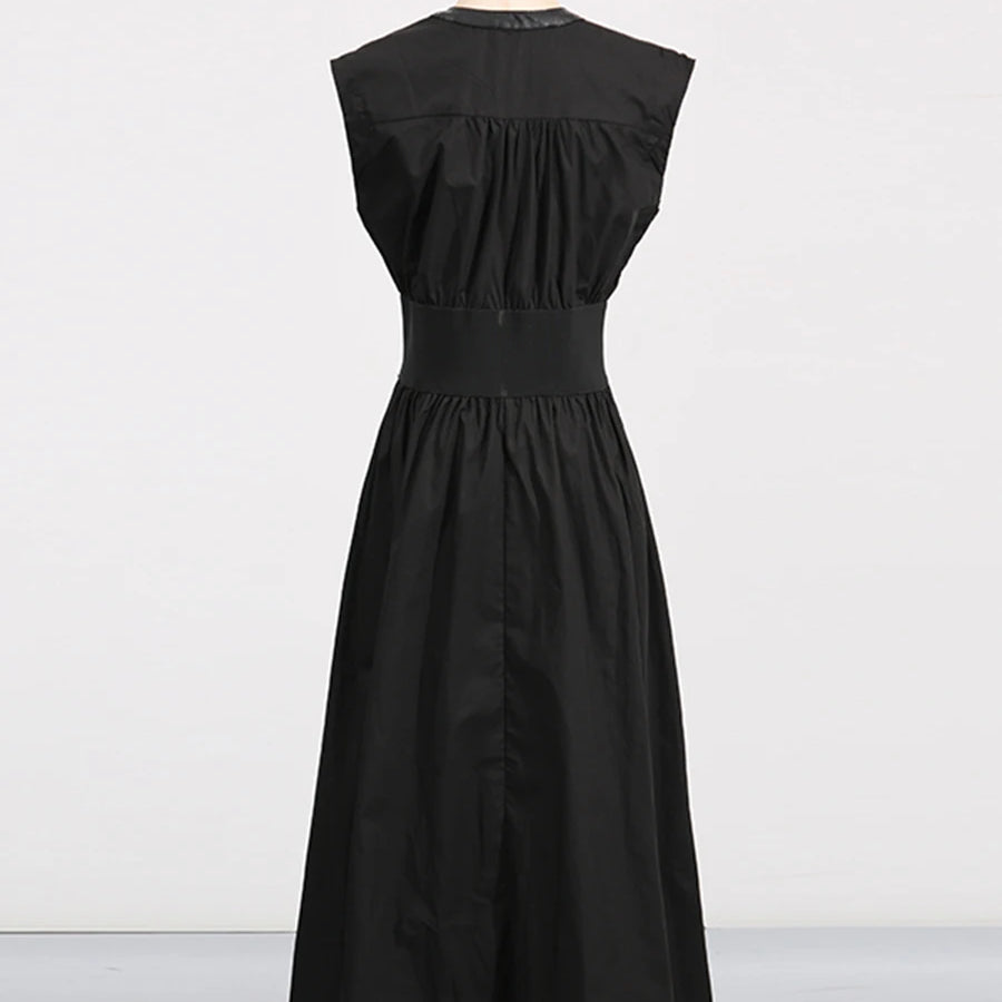 TWOTWINSTYLE Solid Slimming Spliced Lace Up Elegant Dresses for Women Round Neck Sleeveless Patchwork Folds Dress Female Fashion