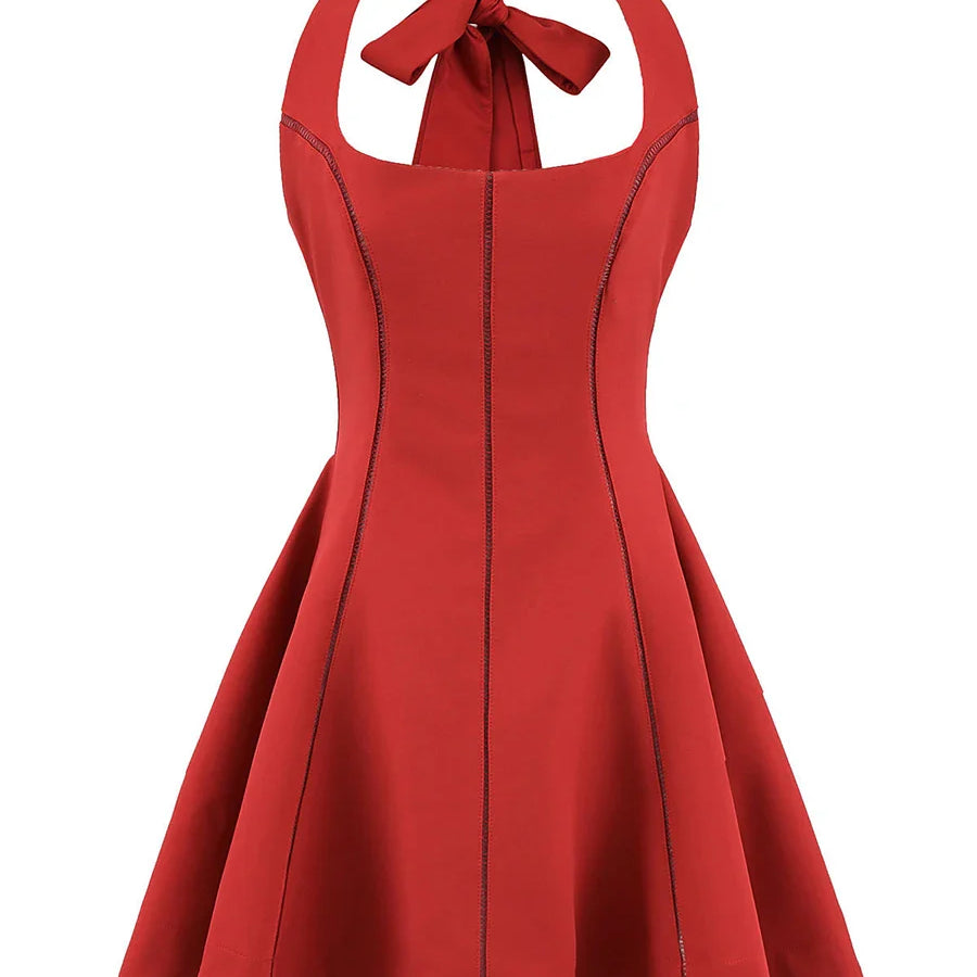 Solid Slimming Fashion Mini Dresses for Women Halter Neck Sleeveless Patchwork Bow Tunic Elegant Dress Female New