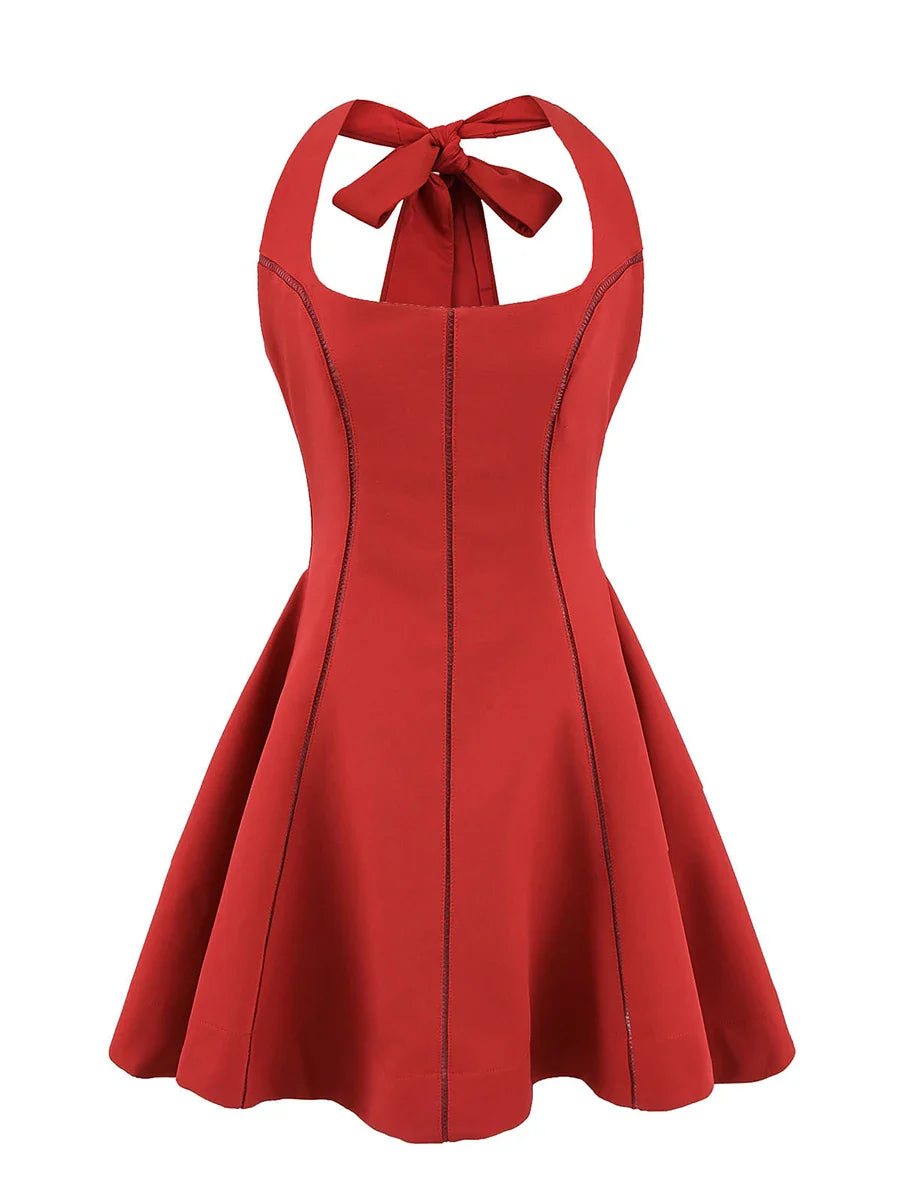 Solid Slimming Fashion Mini Dresses for Women Halter Neck Sleeveless Patchwork Bow Tunic Elegant Dress Female New