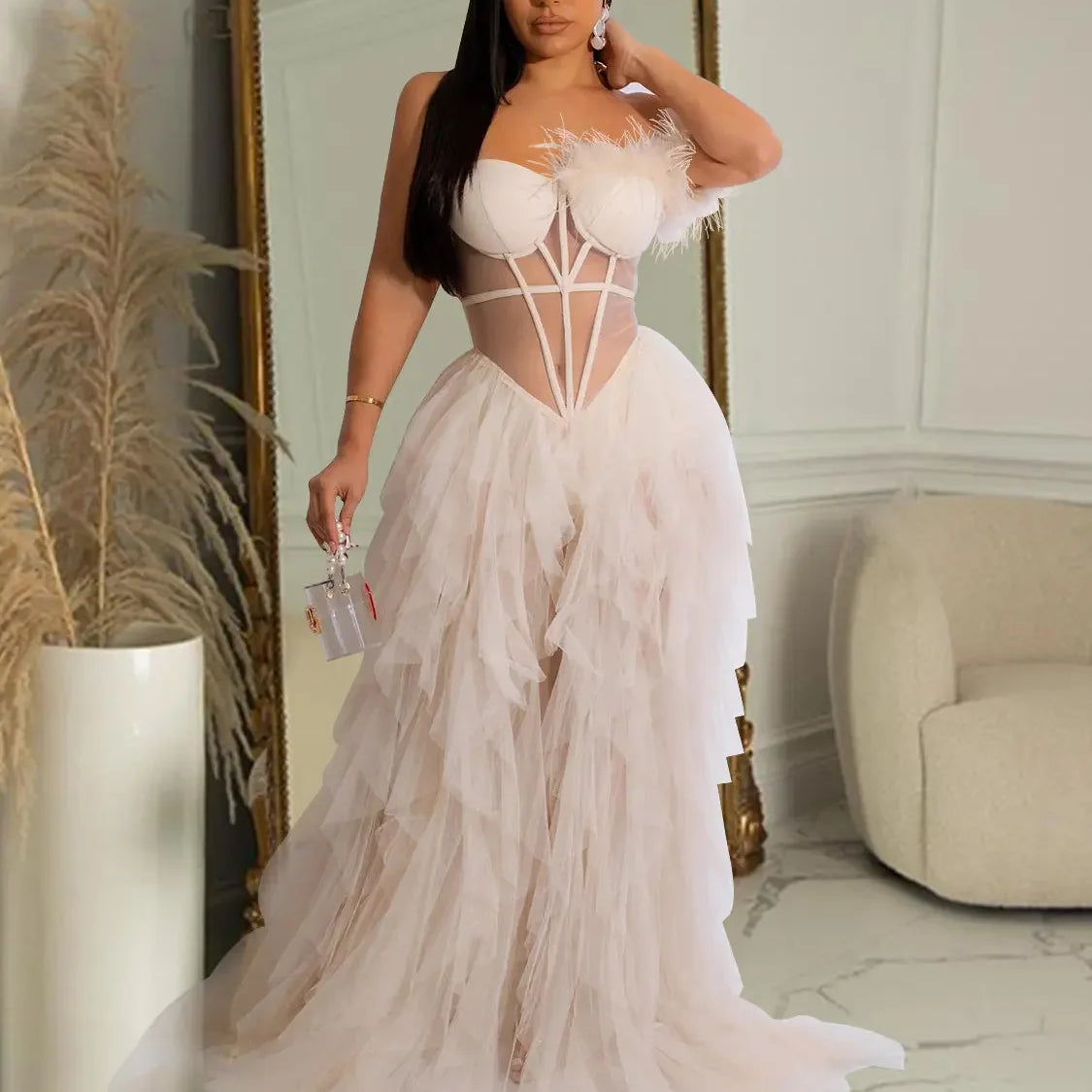 CM.YAYA Women Tierred Mesh See Though Off Shoulder Sweetheart Collar Maxi Long Floor Length Dress Evening Sexy Party Dresses