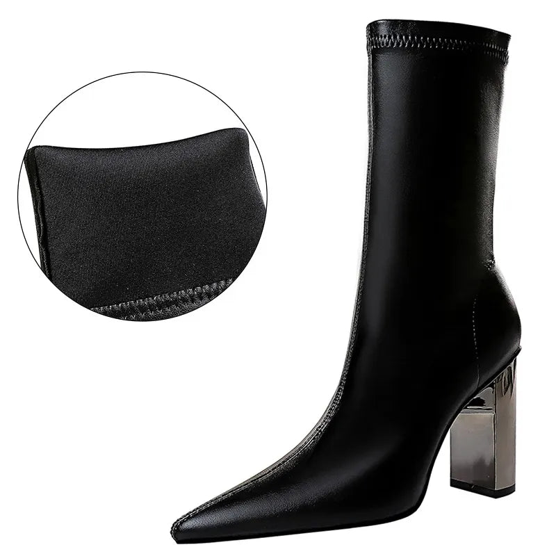 Shoes Metal Chunky Heel Leather Boots Women Mid-Calf Boots Fashion Autumn Winter Shoes High-heel Boots Female Shoes black