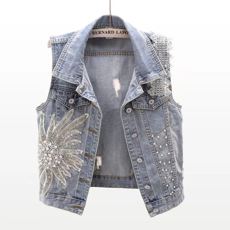 Women's Korean Style Lace Beaded Denim Vest Denim Waistcoat Fashion Cardigan Sleeveless Cropped Top Loose Plus Size Ripped Vest