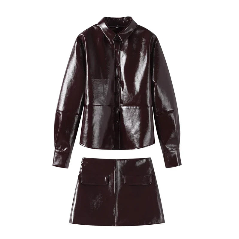 Fashion Leather Coat Skirt Sets Women Autumn Winter O-neck Long Sleeve Single Breasted Coats Mini Skirts Two Piece Set Lady suit 1