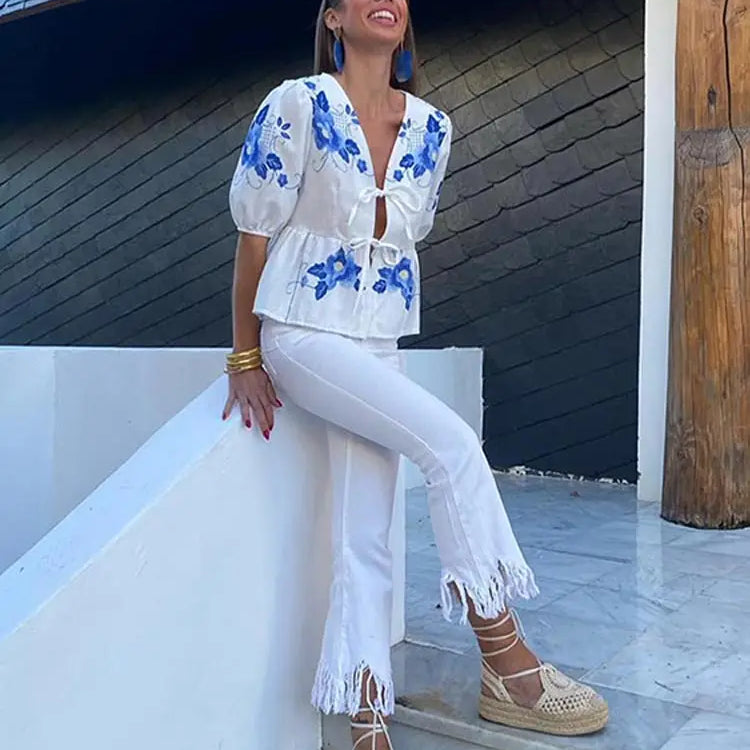 Elegant Flower Print Short Puff Sleeve Shirt Women Fashion Loose V Neck Lace Up Ruffles Blouse Spring Summer Female Streetwear