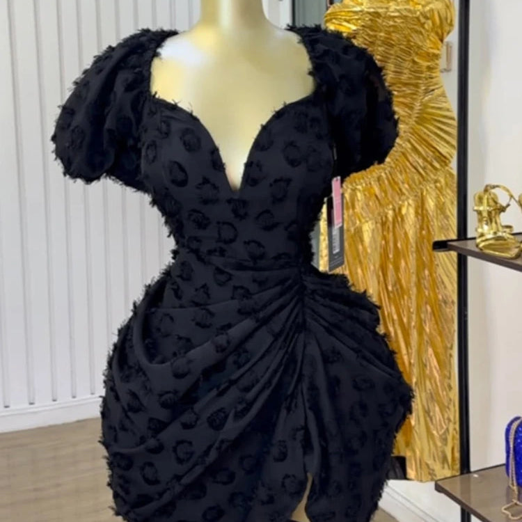 CM.YAYA Summer Women Lantern Short Sleeve Side Split Ruched Midi Mini Dress 2025 Fashion Sexy Night Club Party Dresses Vestidos