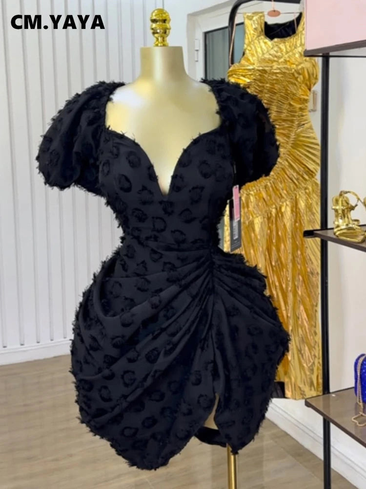 CM.YAYA Summer Women Lantern Short Sleeve Side Split Ruched Midi Mini Dress 2025 Fashion Sexy Night Club Party Dresses Vestidos