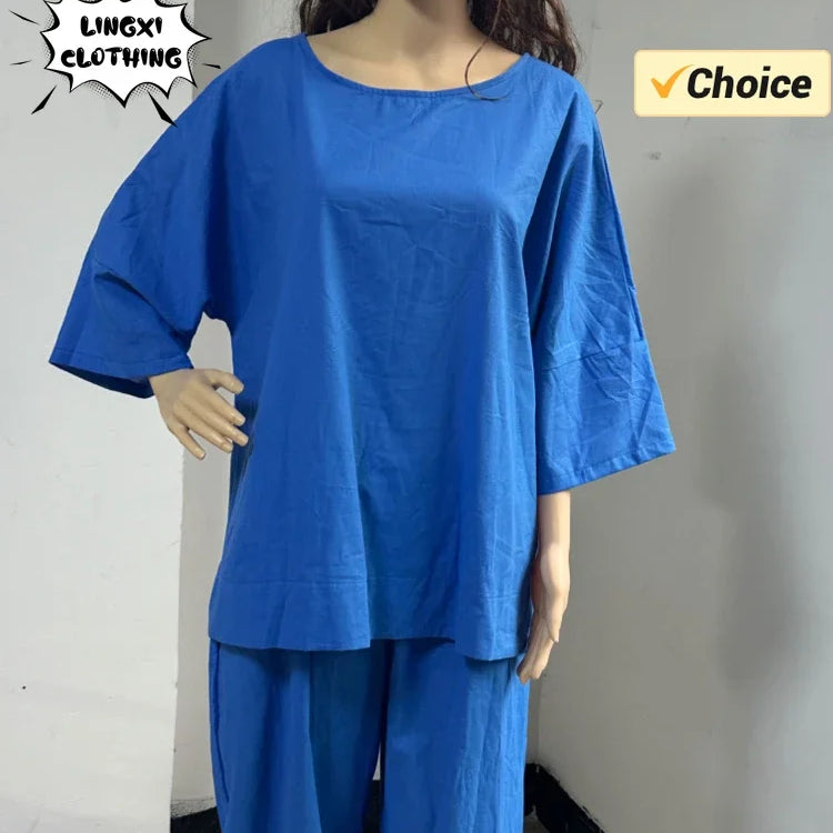 Summer Fashion New Style Matching Series Round Neck Cotton Linen Top High Waist Wide Leg Long Pants Set Plus Size Women's Wear