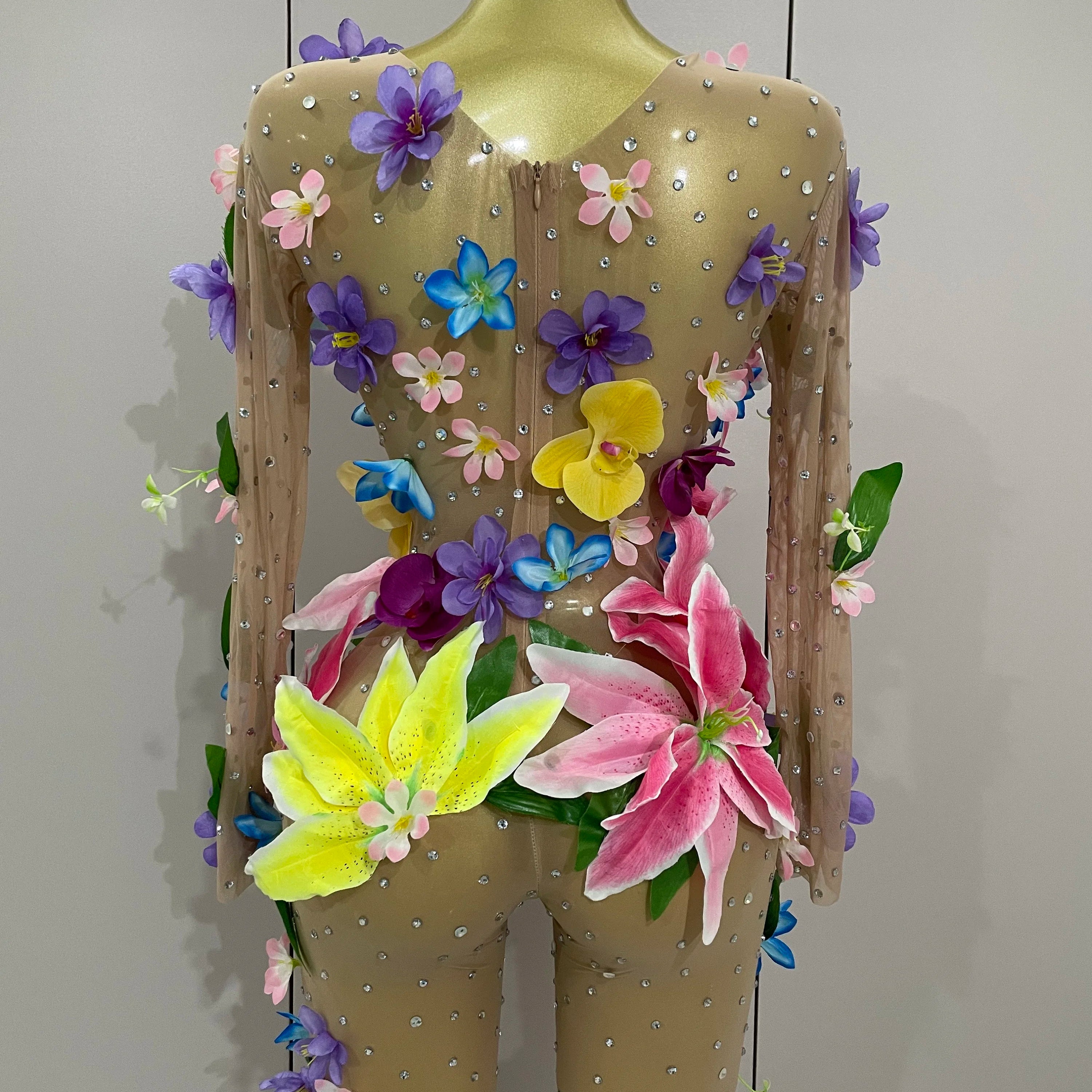 Combinaison transparente en maille transparente avec strass scintillants 3D pour femme, tenue de soirée, d'anniversaire, de discothèque, de spectacle, de scène, 2025