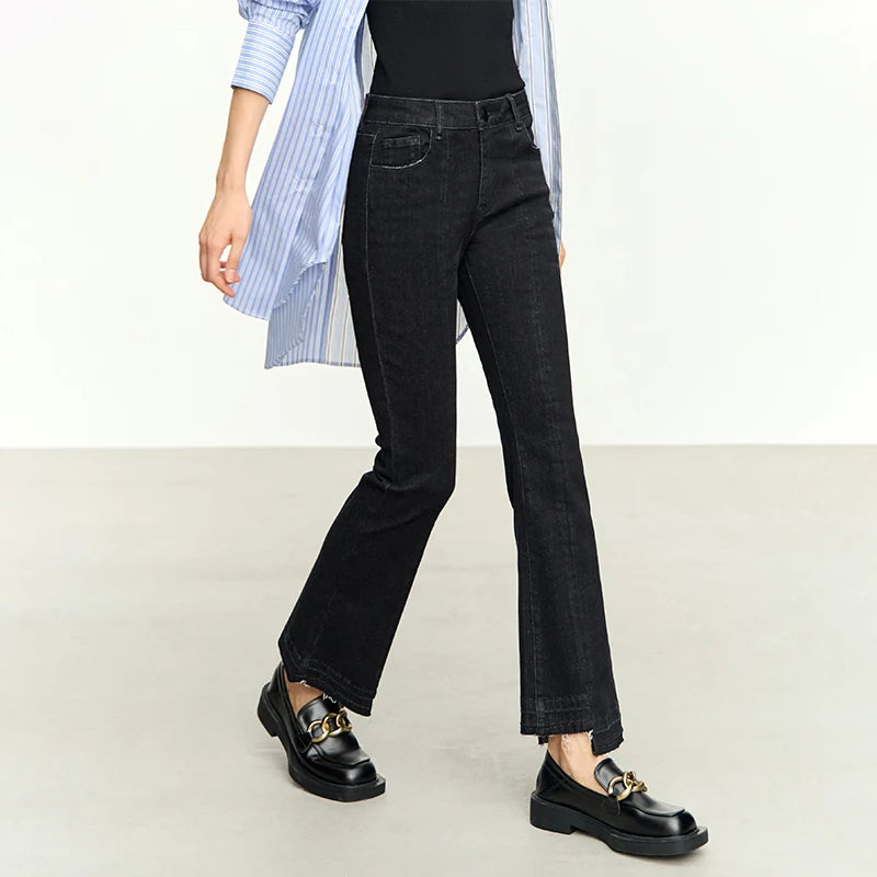 Minimalist Black Women Jeans Autumn Slim Ankle-length New Pants Asymmetrical Flare Retro Casual Trousers black