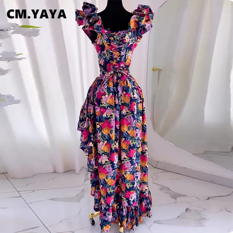 CM.YAYA Women Ruffles Strapless Floral Print Long Irregular Dress Holiday Sweet Birthday Evening Sexy Party Dresses Vestidos