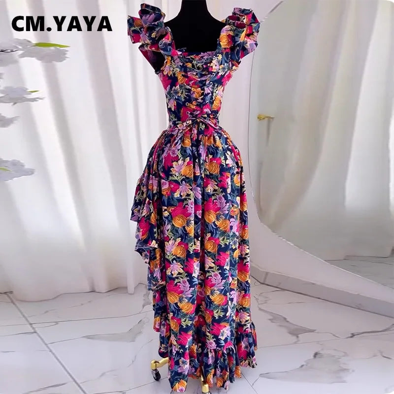 CM.YAYA Women Ruffles Strapless Floral Print Long Irregular Dress Holiday Sweet Birthday Evening Sexy Party Dresses Vestidos