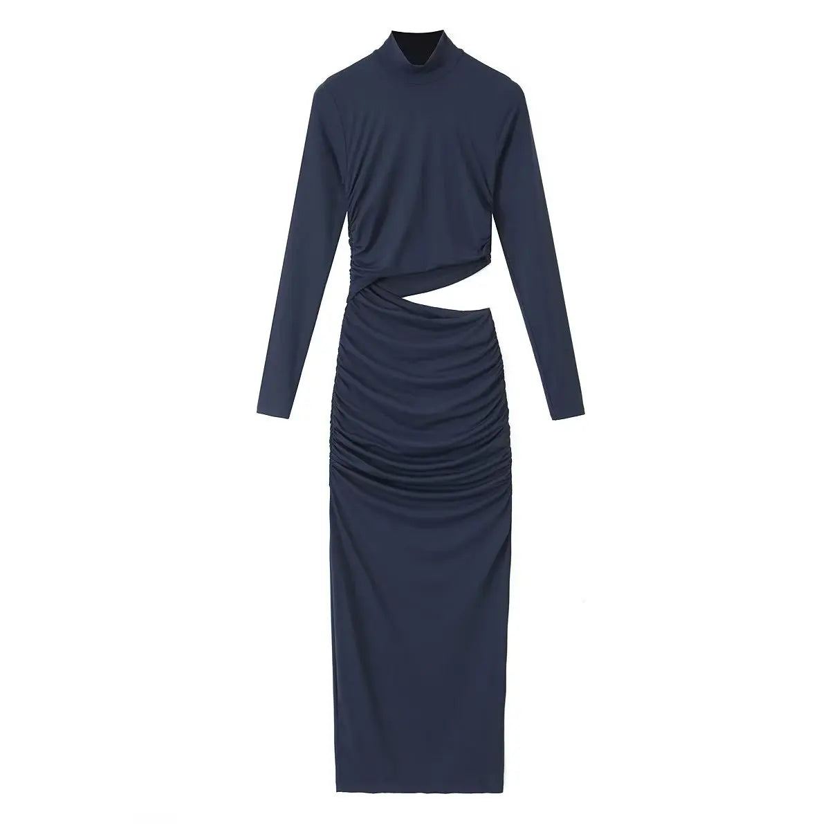 TRAFZA Female Vintage Chic Dresses Solid Color O-Neck Long Sleeve Hollow Out Waist Folds Women's Autumn Fashion Long Dresses dark blue