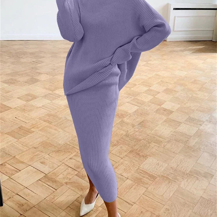 new Ribbed Knit 2 Piece Dress Set Outfits Ladies Knitwear Top And Midi Skirt Sets For Women Casual Winter Sweater Sets Lavender