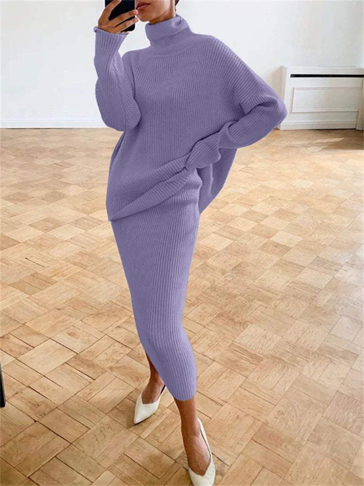 new Ribbed Knit 2 Piece Dress Set Outfits Ladies Knitwear Top And Midi Skirt Sets For Women Casual Winter Sweater Sets Lavender