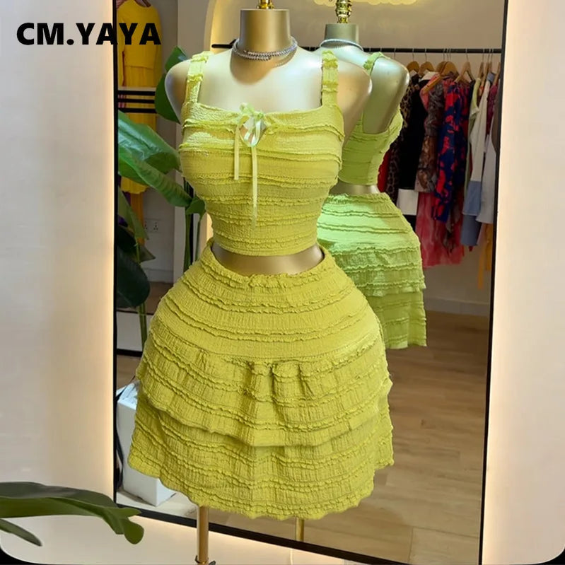 CM.YAYA Beach Boho Women's Set Strap Sleeveless Tank Top and Ruched Mini A-line Skirts Two 2 Piece Sets 2025 Summer Outfits