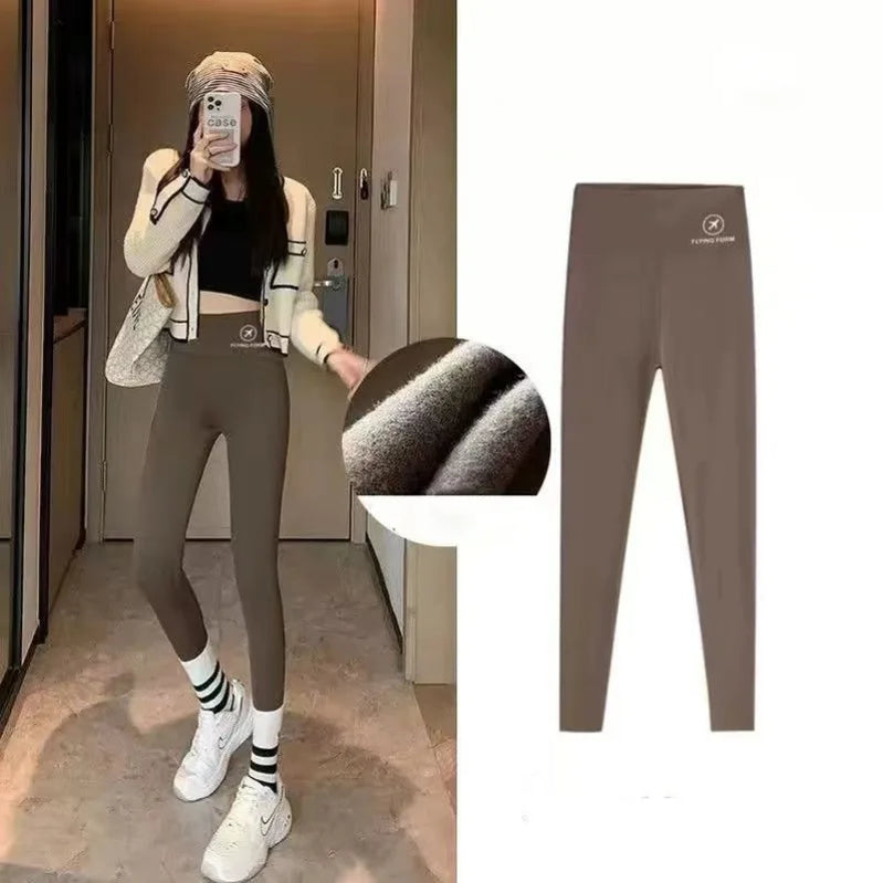 Women Winter Leggings Plush Up Thermal Waist Lamb Fleece Tight Warm Trousers Casual Cashmere Pants for Women High Waist coffee