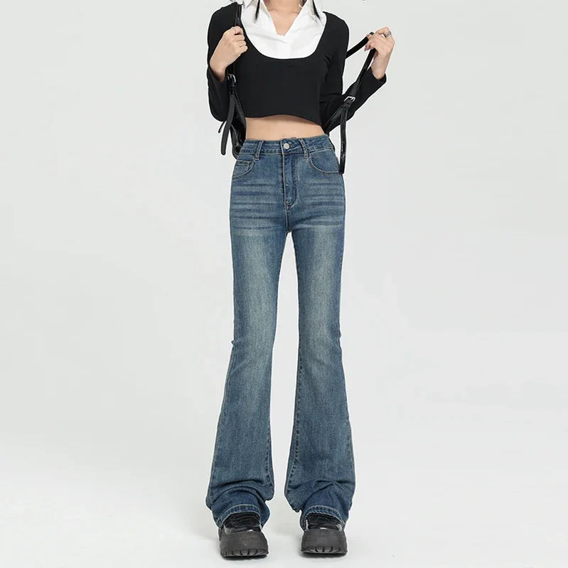 Autumn Women Vintage Denim Flare Pants Fashion New Casual Streetwear High Waist Slim Soft Mom Trouser Harajuku Y2K Jeans Vintage Blue CN