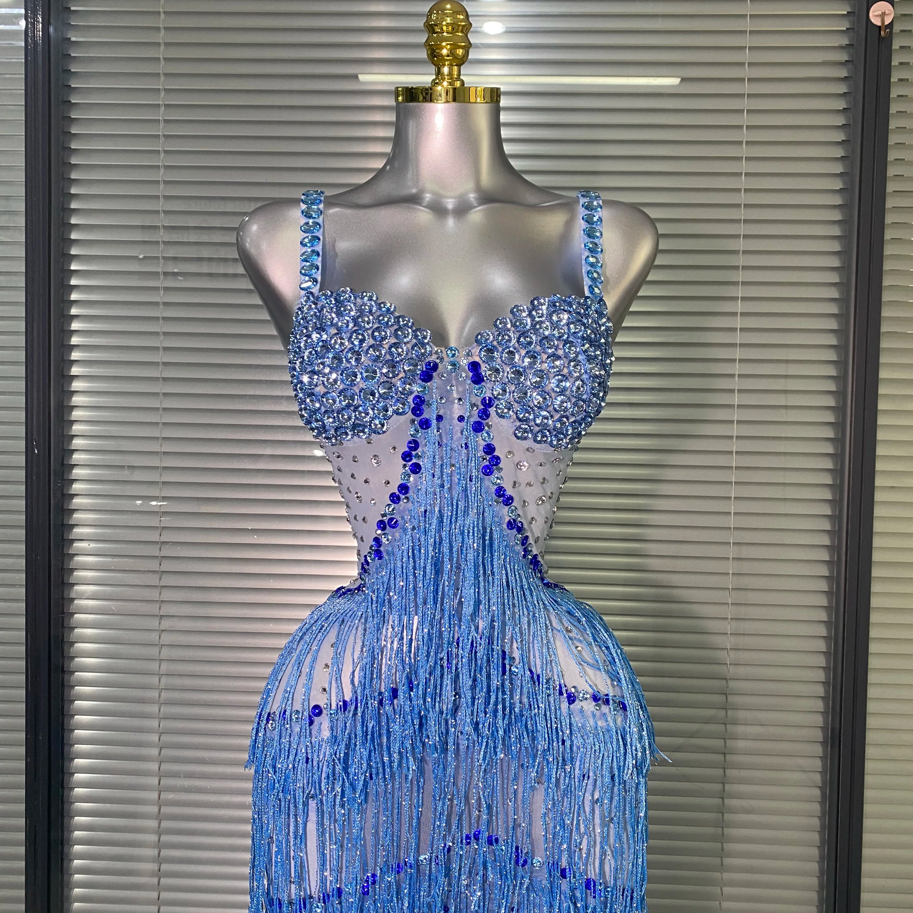 New Women Sexy Mesh Crystal Diamonds Maxi Dress See Through Blue Tassel Party Stage Costume Stage Performance Dress