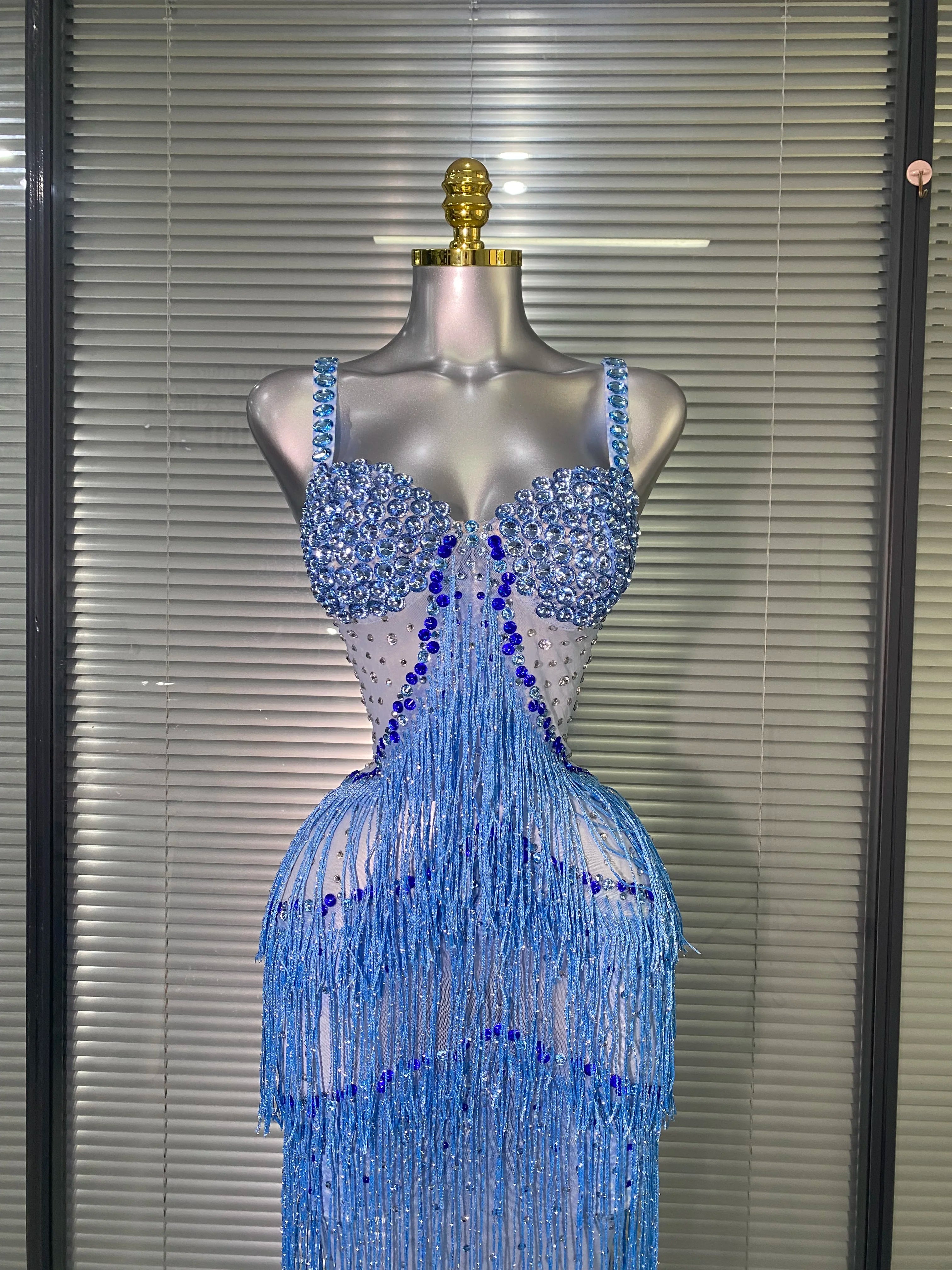 New Women Sexy Mesh Crystal Diamonds Maxi Dress See Through Blue Tassel Party Stage Costume Stage Performance Dress