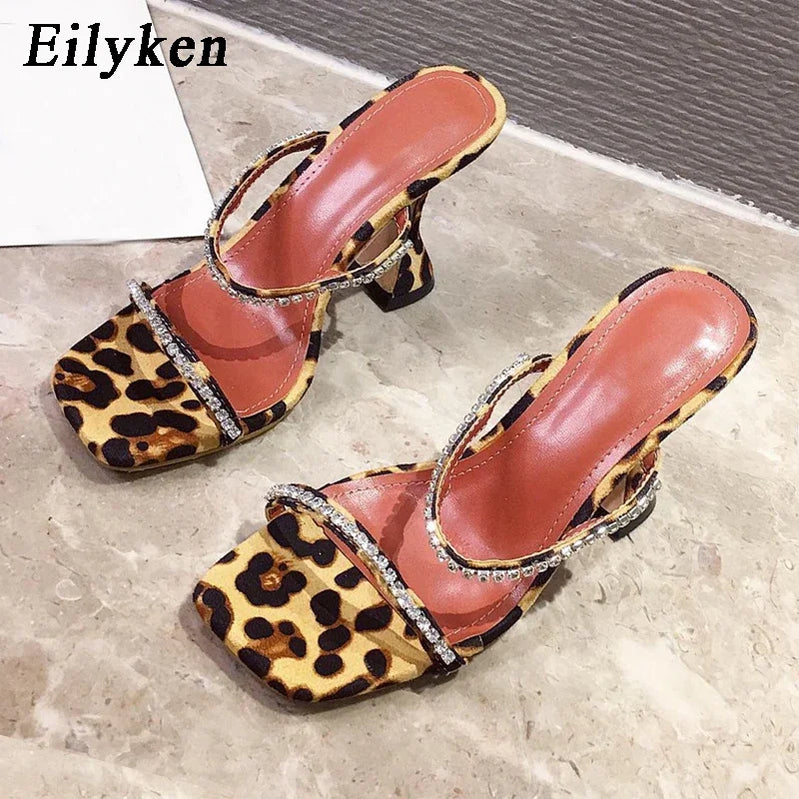 Fashion Rhinestone Chain Women Slippers Sandals Strange Cup Heels Sexy Leopard Print Square Toe Ladies Dress Shoes Leopard