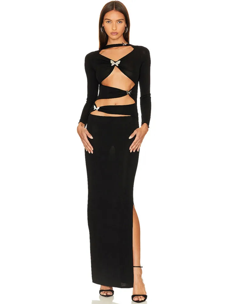 Luxury Women Celebrity Sexy Cut Out Butterfly Long Sleeve Black Maxi Long Bodycon Dress 2024 Elegant Evening Club Party Dress