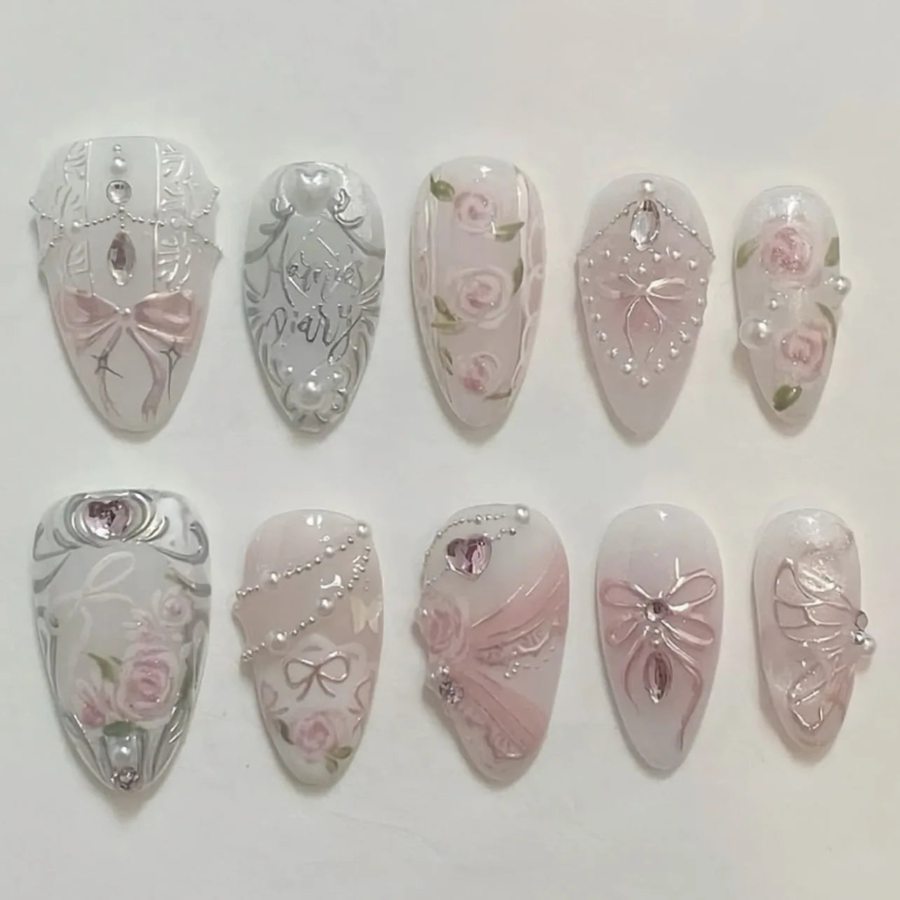 24Pcs Mid-length Almond Press on Fake Nails with Insect Flower Button Design Full Cover Nails Tips Reusable Finished False Nails