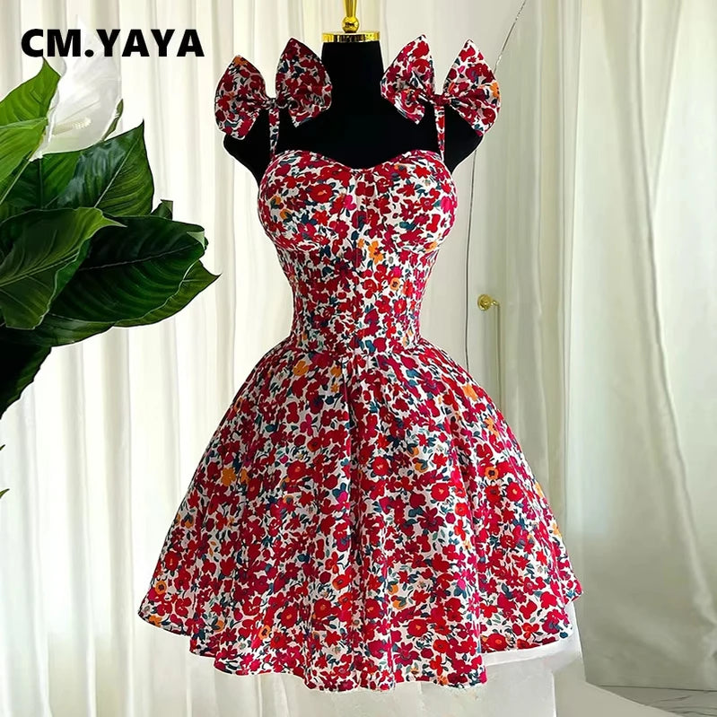 CM.YAYA Women Floral Printed Sleeveless Bowknot Strap Big Swing Mini Dress 2025 Evening Sexy Beach Party Birthday Street Dresses