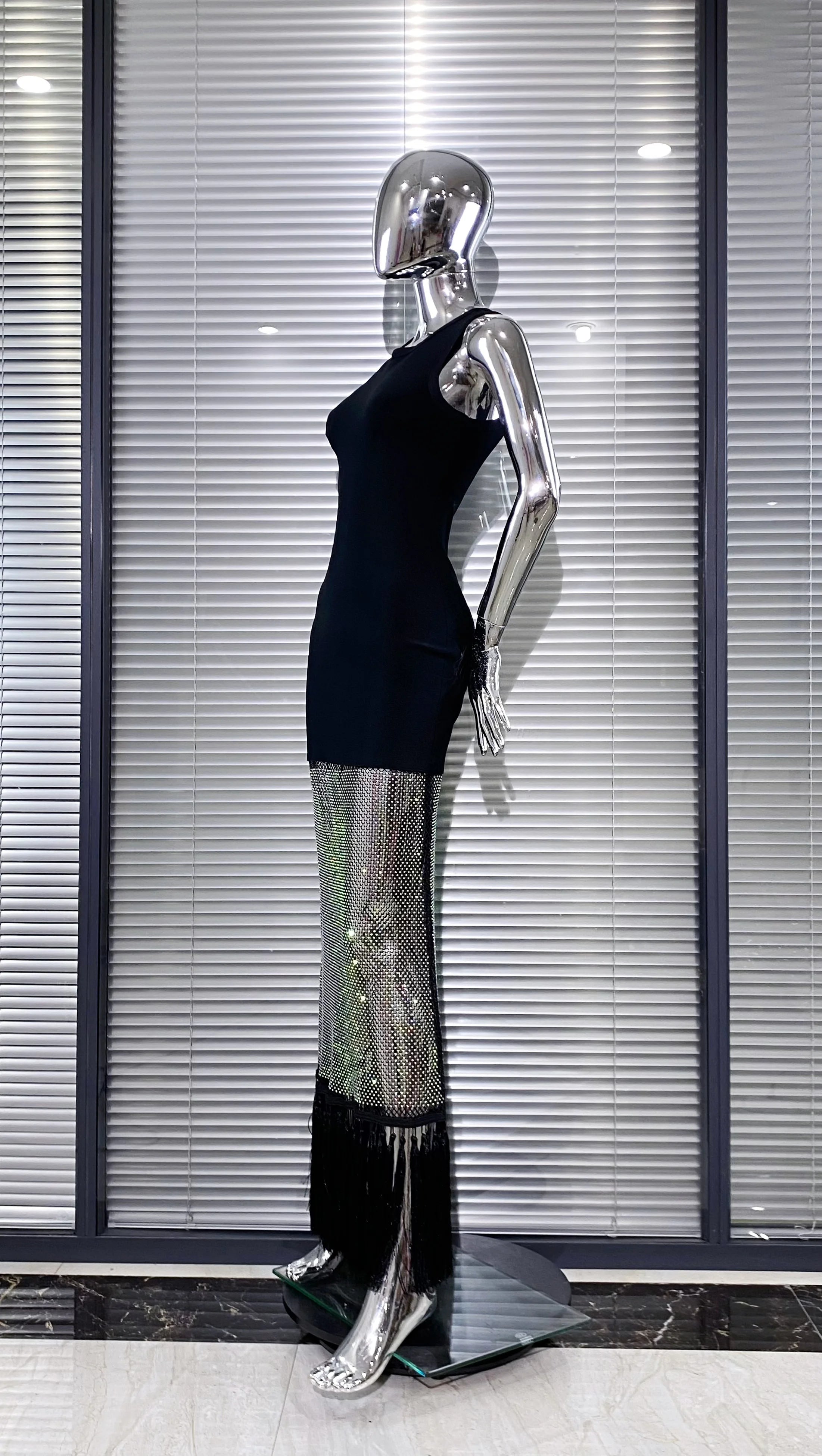 Shining Diamond See Through Mesh Tassels Black Bandage Ankle Length Dress Fashion Woman Party Dress Birthday Party Outfit