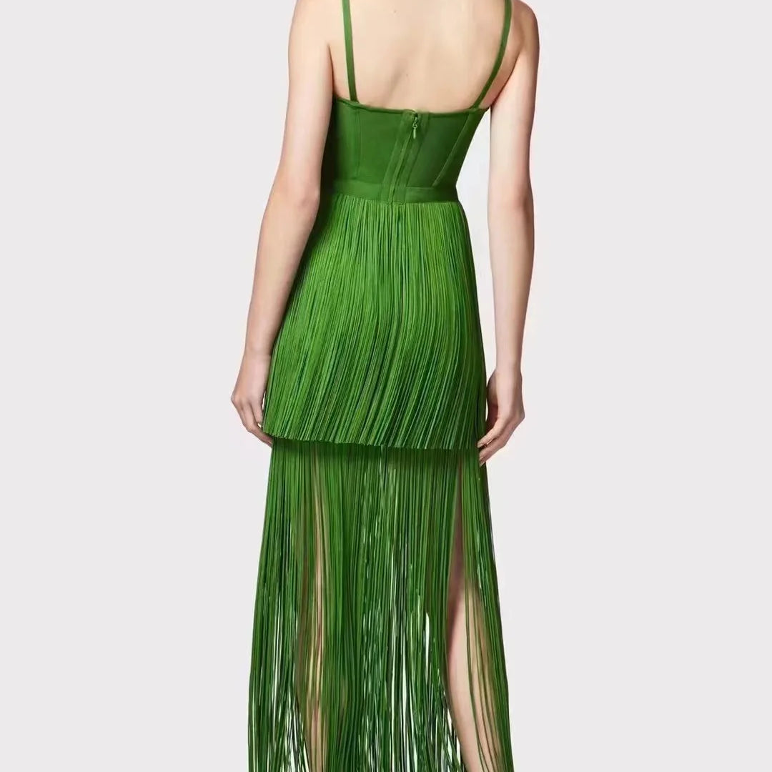 New Black Color Women Sleeveless Sexy Strap Long Tassel Bodycon Bandage Dress Celebrity Red Carpet Evening Party Outfit