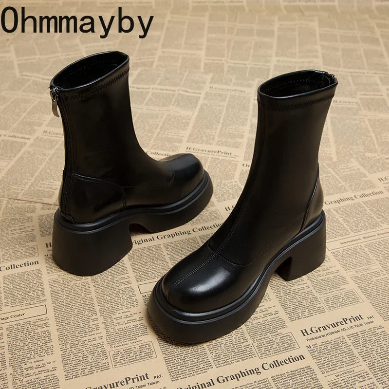 Winter Short Boots For Women Fashion Back Zippers Ankle Boots Female Elegant Square Heel Women's Knight Bootties