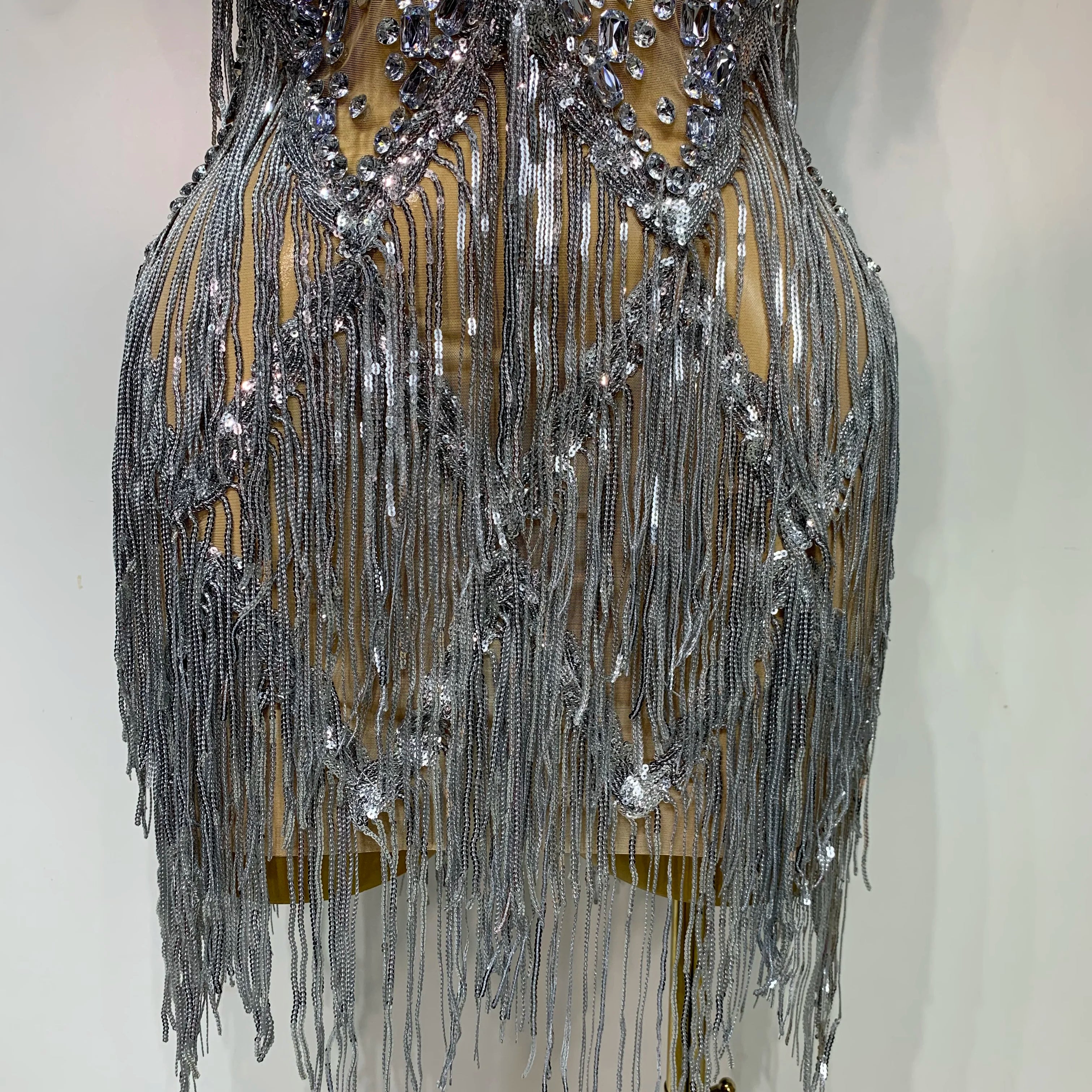 Sparkly Rhinestone Tassels Sexy Mesh See Through Dress  Women Evening Party Luxury Birthday Nightclub Perform Stage Costume