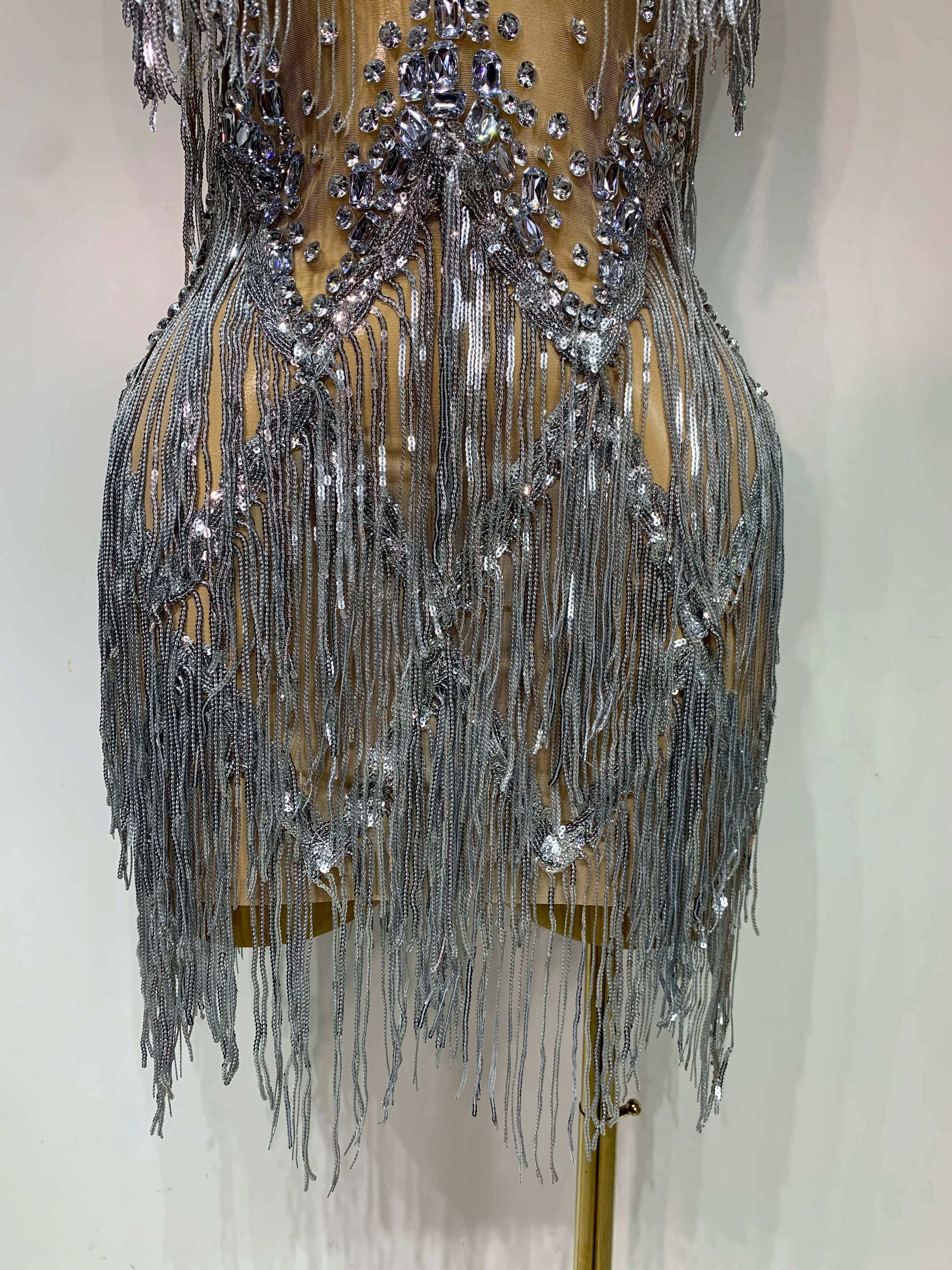 Sparkly Rhinestone Tassels Sexy Mesh See Through Dress  Women Evening Party Luxury Birthday Nightclub Perform Stage Costume