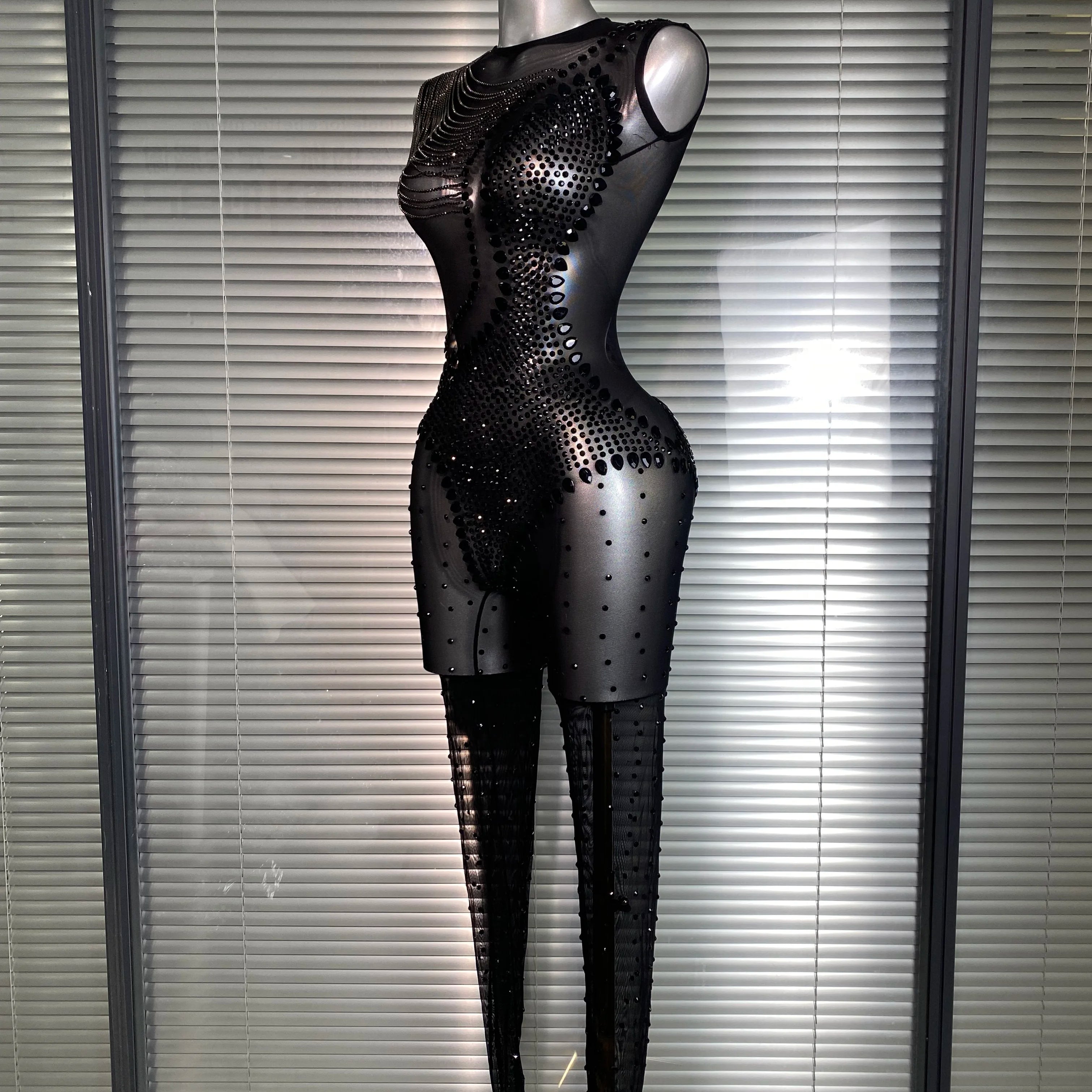 Summer New 2025 Women Sexy Crystal Sheer Black Bodycon Jumpsuit Celebrity Designer Dancer Celebrity Night Club Rompers