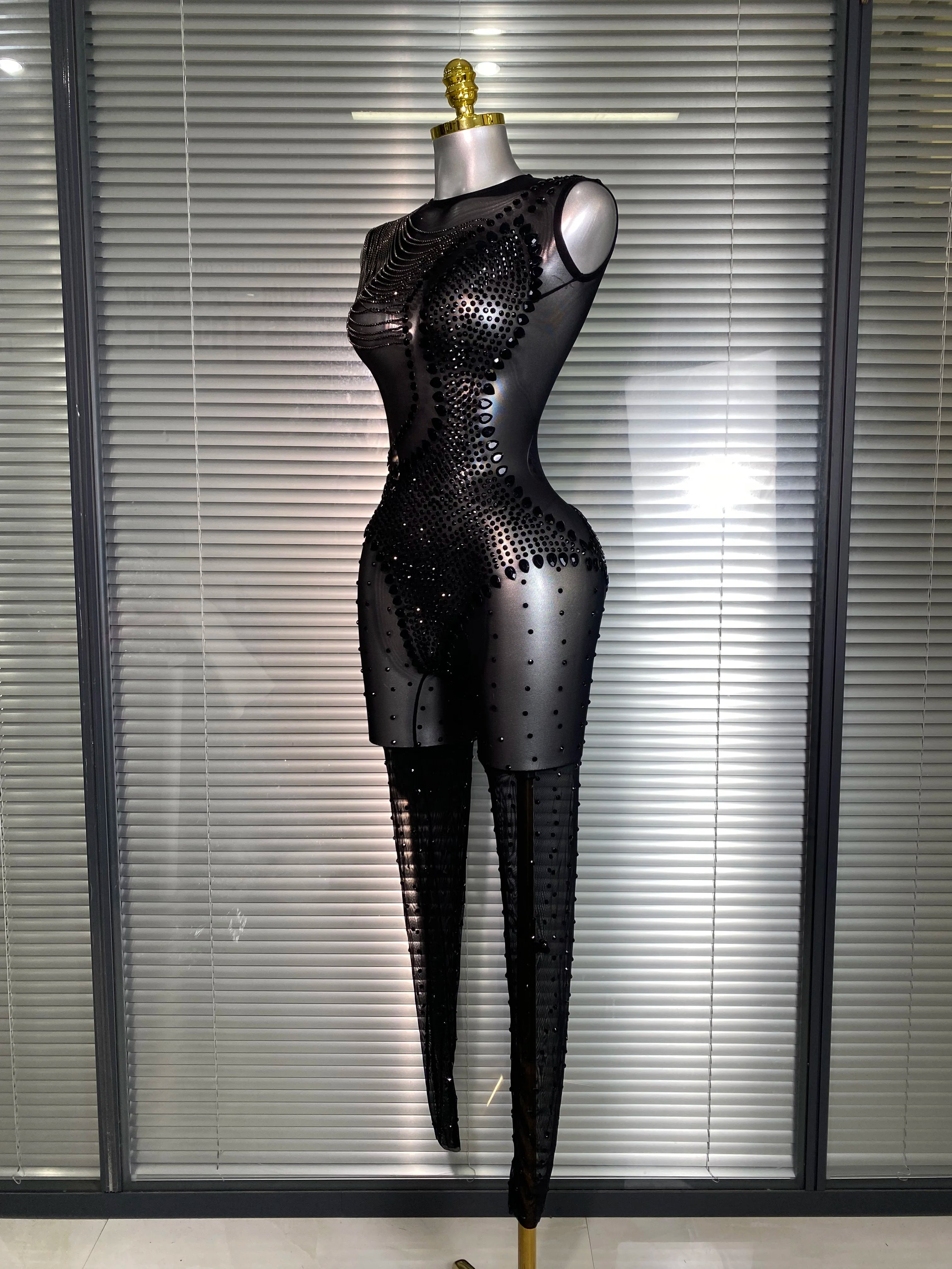 Summer New 2025 Women Sexy Crystal Sheer Black Bodycon Jumpsuit Celebrity Designer Dancer Celebrity Night Club Rompers