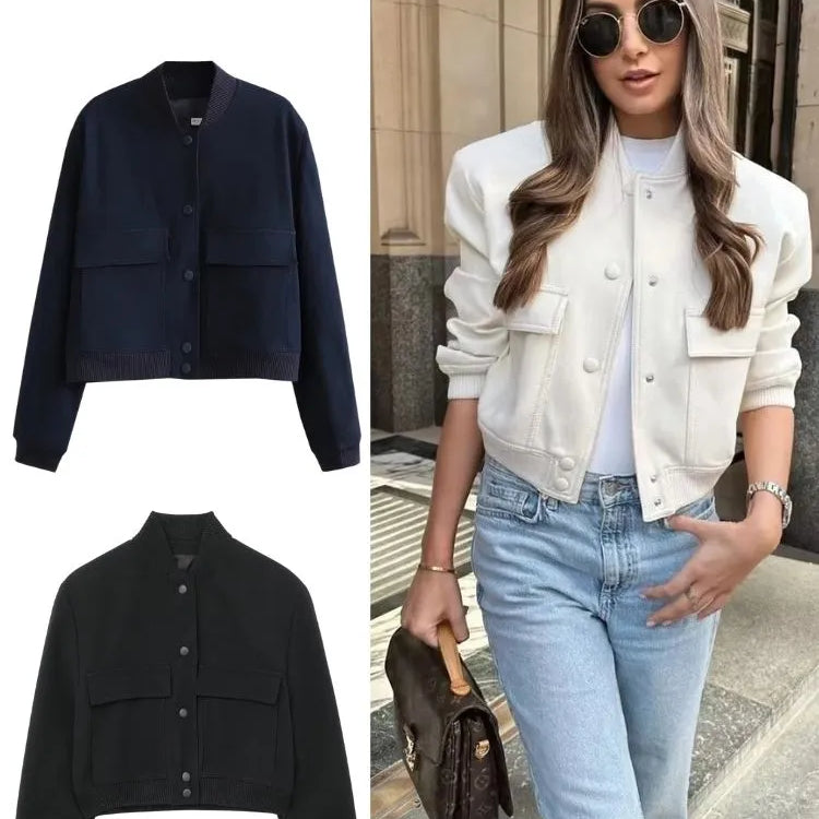 Vintage solid lengan panjang jaket bomber musim semi wanita kasual mantel streetwear wanita elegan ritsleting kerah jakcet