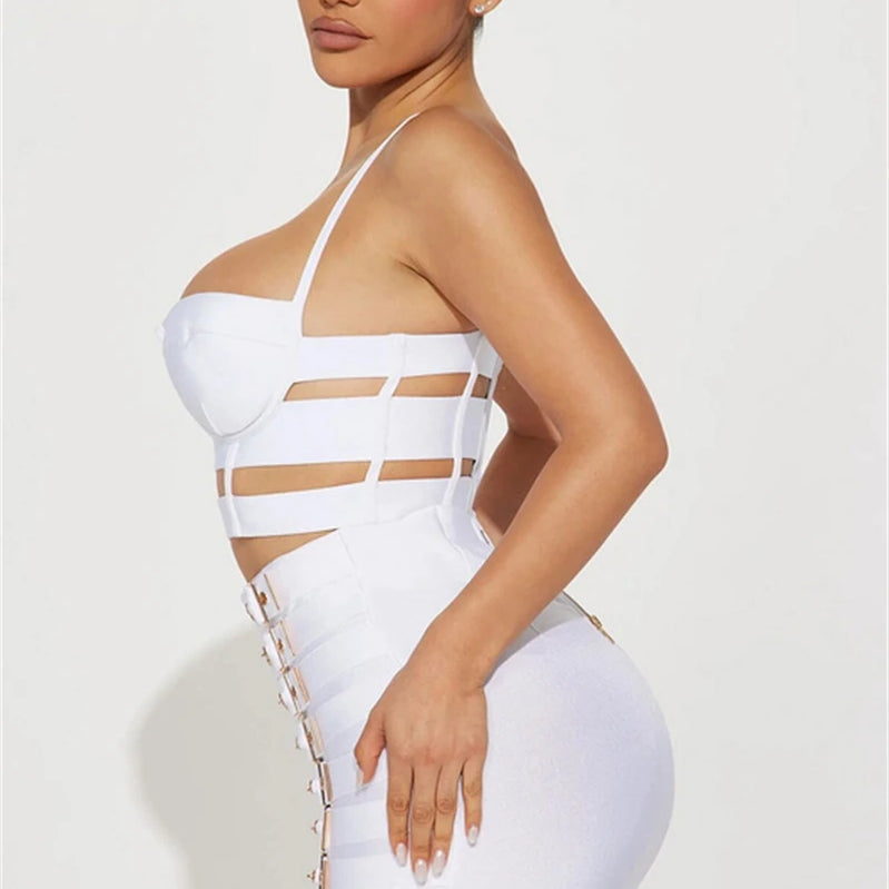 STOCK Fashion's Sexy Expose WaistWoman Set Hollow Out Short Spaghetti Strap Top And Blets Mini Skirt 2 Pieces High Street Wear