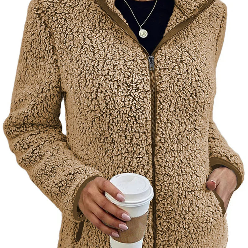 Women Solid Fleece Jackets Casual Fashion Stand Collar Coat Female Long Sleeve Zipper Outerwear Lady Clothes Autumn Winter Khaki