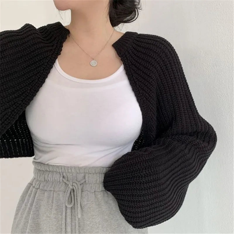 Chic Korean Fashion Short Cardigans Knitted Poncho Women Summer Elegant Vintage Minimalist Lady Tops black One Size