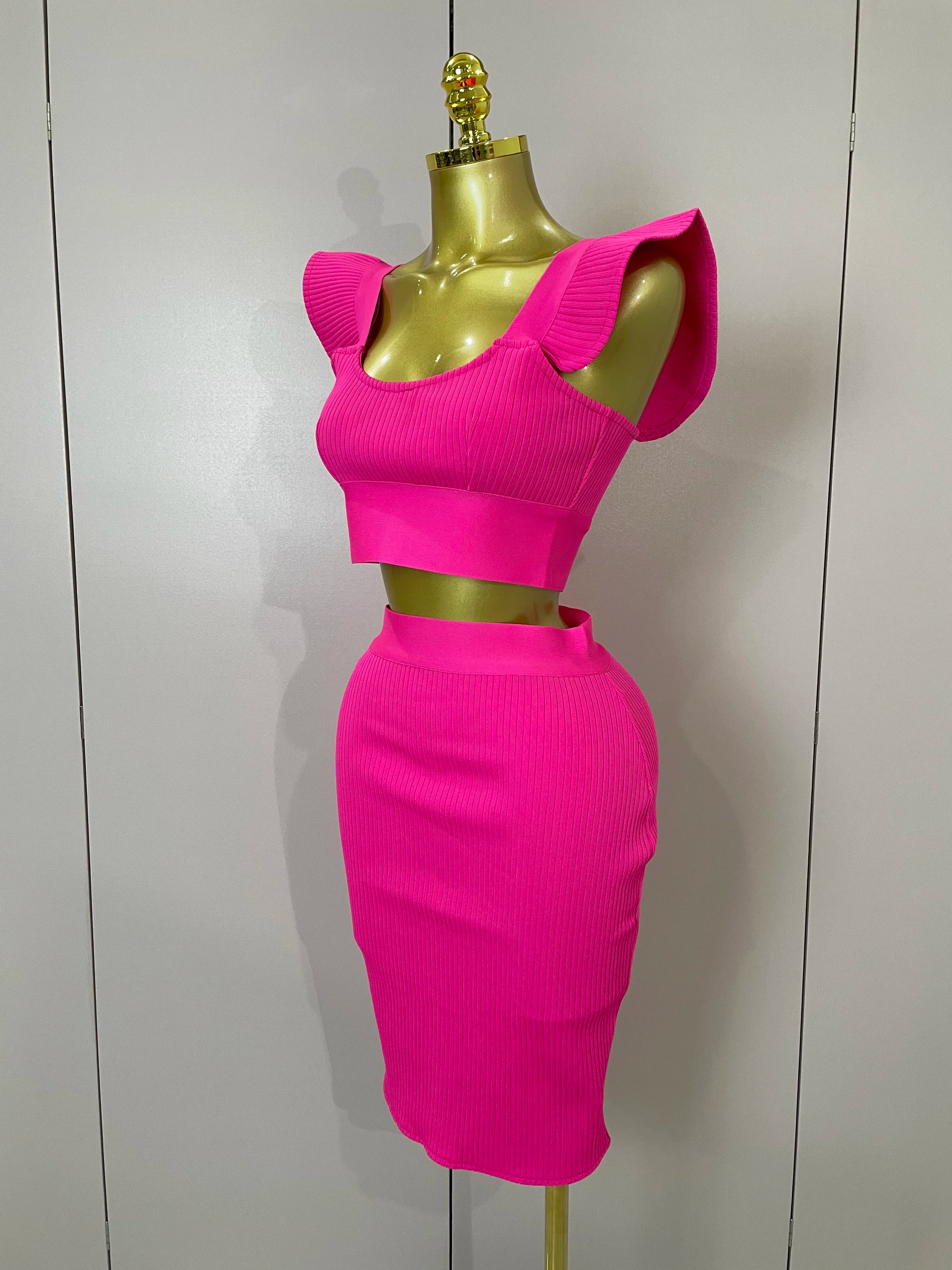 Women 2025 New Sexy Backless Ruffles Red Bandage Two Pices Set 2025 Celebrity Evening Elegance Birthday Party Dress