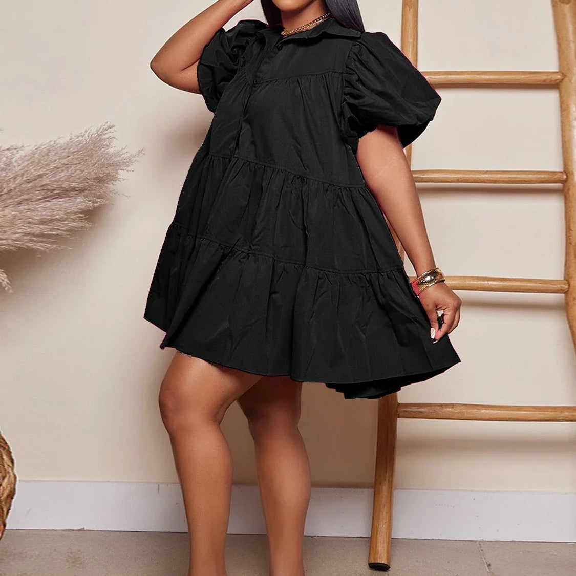 CM.YAYA Elegant Women Puff Sleeve Single Breasted Lapel Collar Babydoll Dress Street White Big Swing Loose Smock Shirt Dresses