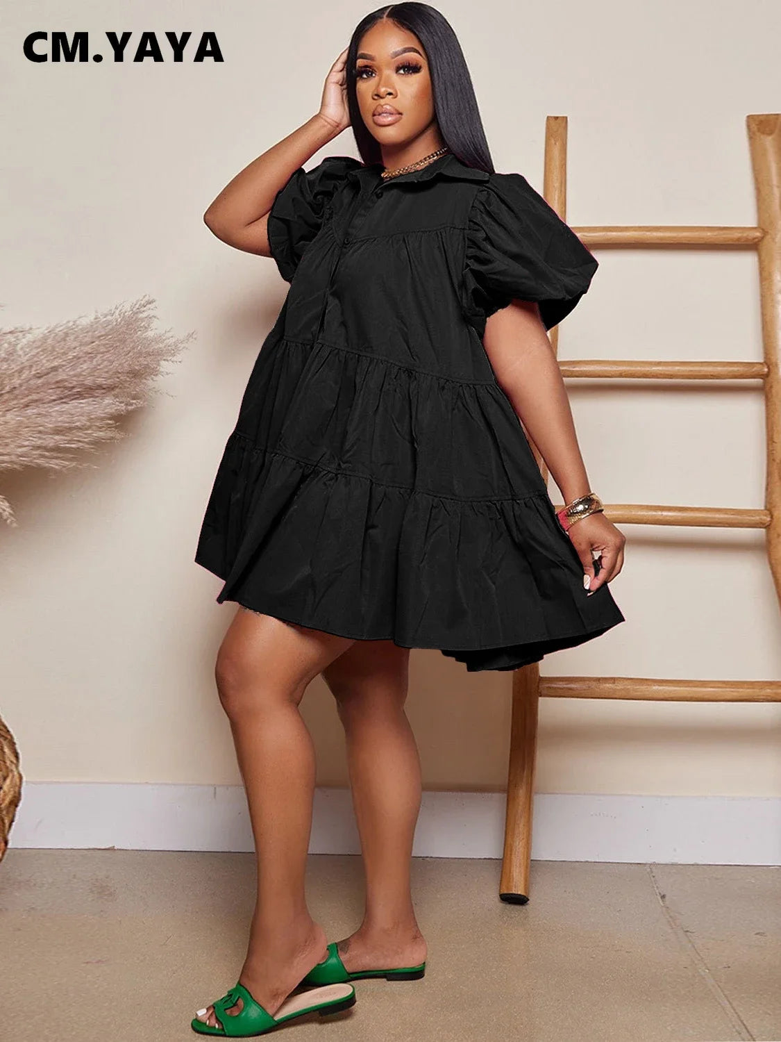 CM.YAYA Elegant Women Puff Sleeve Single Breasted Lapel Collar Babydoll Dress Street White Big Swing Loose Smock Shirt Dresses