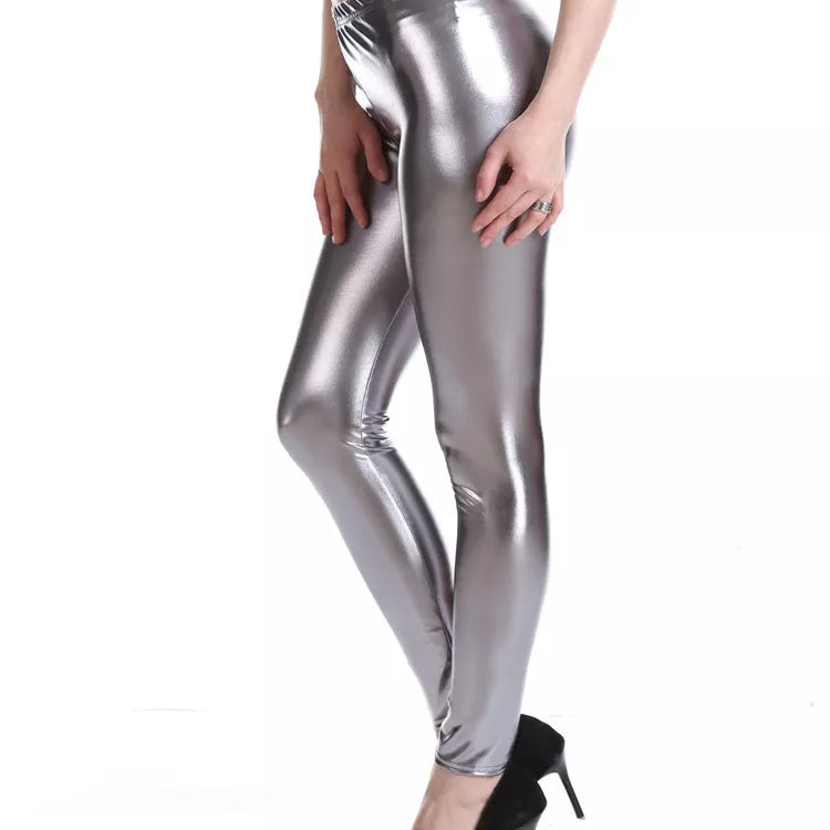 Pink Leggings For Women Metallic Shiny Black Pants Elastic Waist Stretch Fitness Mujer Gym Golden Silve Red Blue Trousers