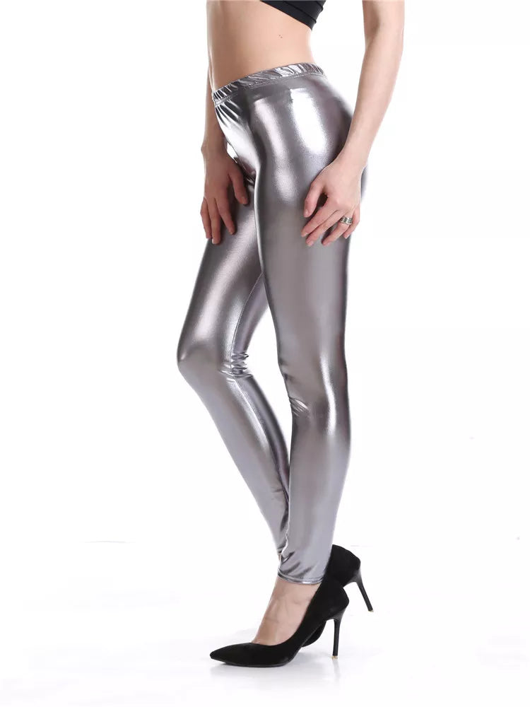 Pink Leggings For Women Metallic Shiny Black Pants Elastic Waist Stretch Fitness Mujer Gym Golden Silve Red Blue Trousers