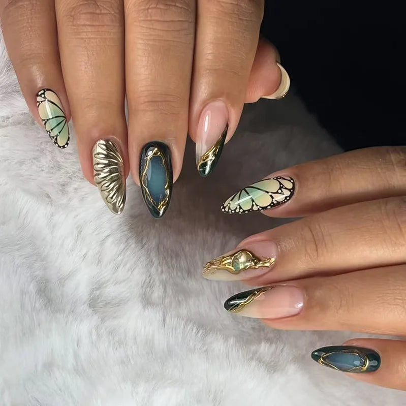 24Pcs Mid-length Blue Almond False Nails with 3D Shell Design Press on Nails Tips Butterfly Flower Pattern Datachable Fake Nail