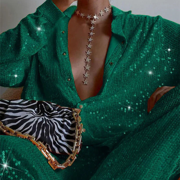 Tossy Sparkly Two-piece Set Party Outfits For Womens Sequin Top Blouse Shirt And Pants Suit Female Luxury Evening Tracksuit New