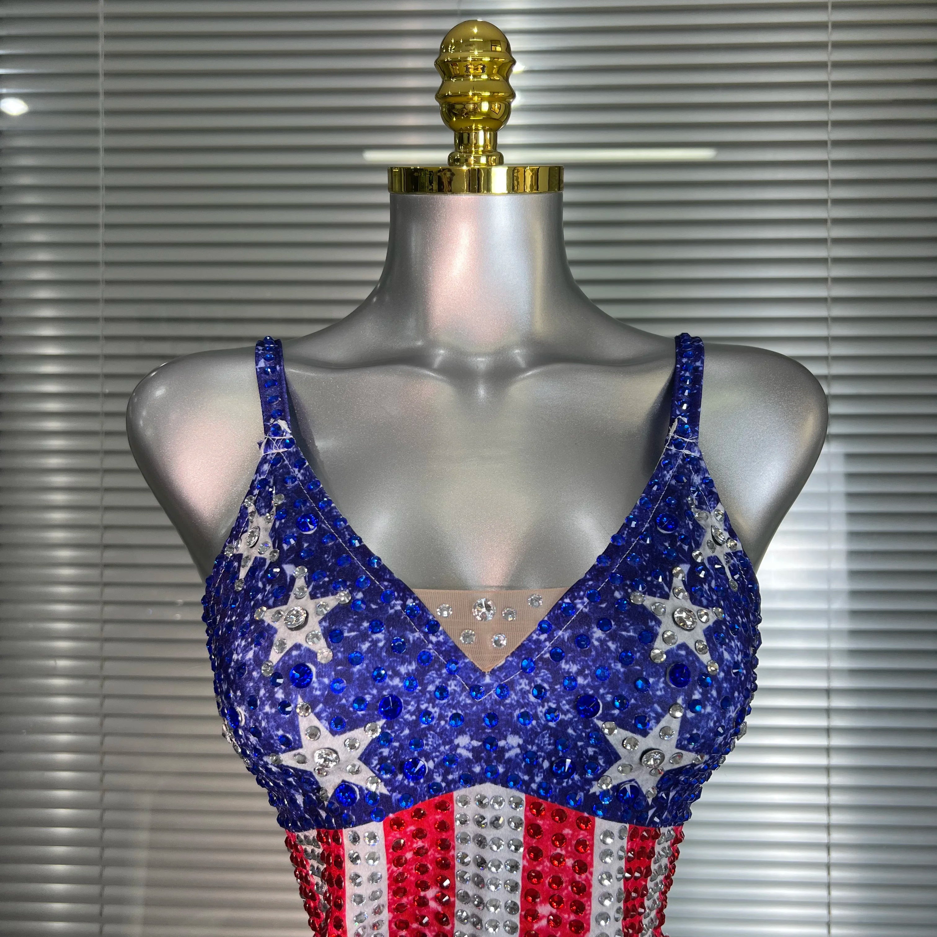 Women Sexy Tassel Crystal Stretched Night Club Circus Dancer USA Flag Stage Costume Party Bodysuit